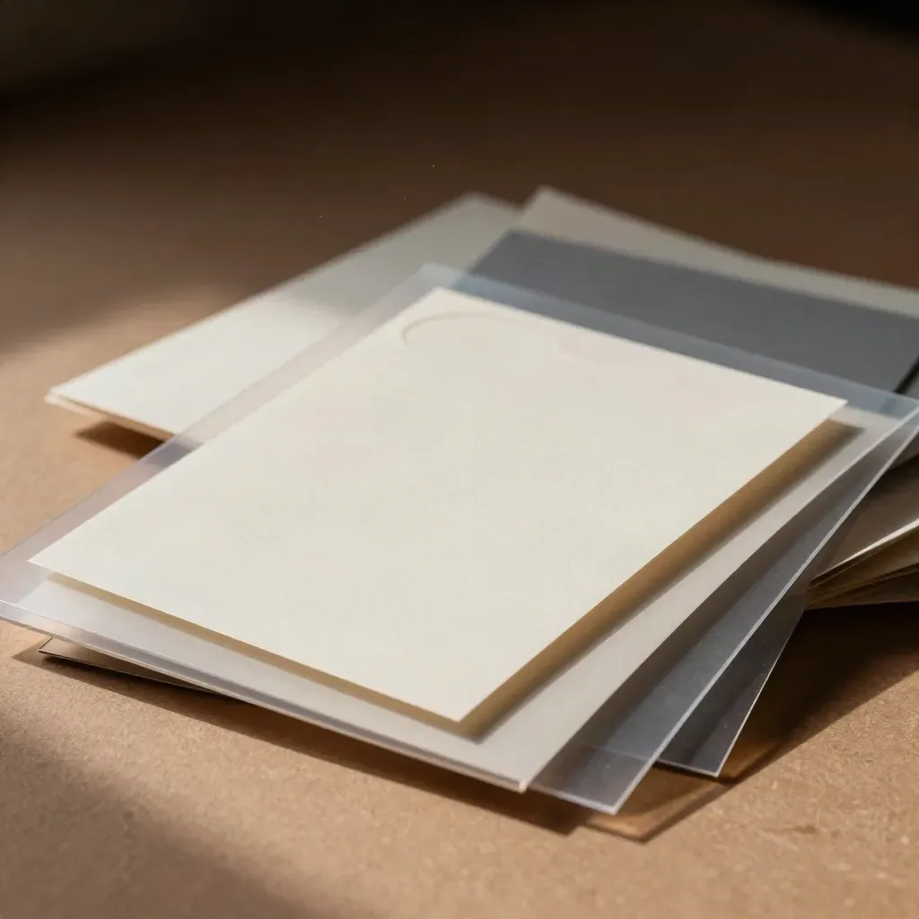 Macro stack of box mockups and label shapes inside a clear archival sleeve with raking light.