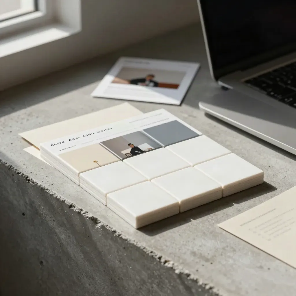 Logo tiles, website boards, critique slips and a closed laptop on concrete with soft studio light