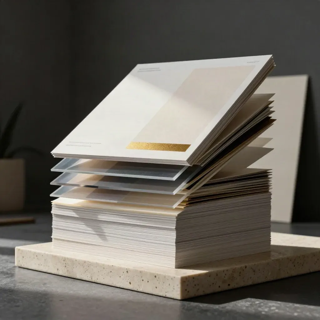 Oversized concept boards and swatches stacked in a studio monolith under a grazing beam.