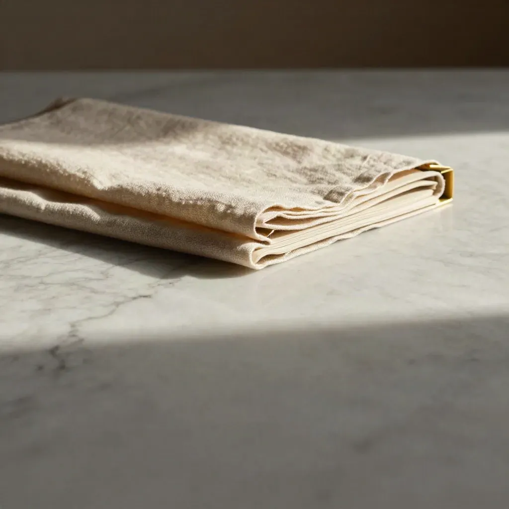 Sunlit marble surface with folded linen and brass detail, calm space below for copy.