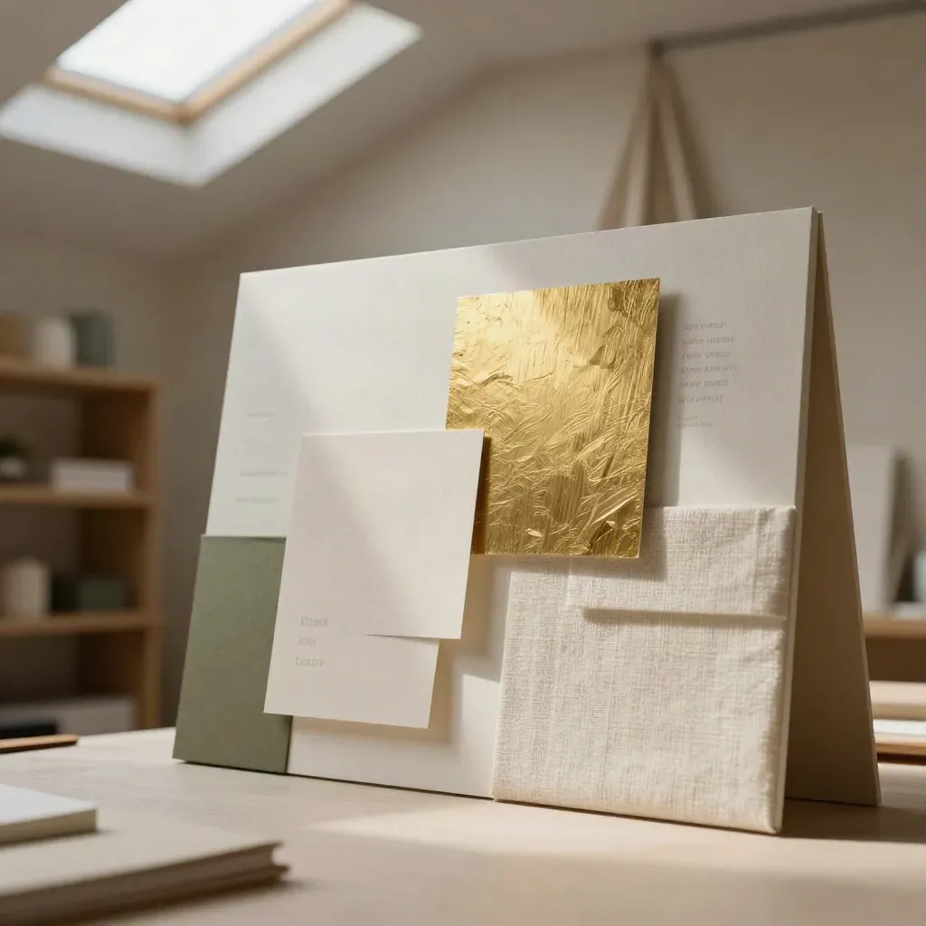 Elegant studio corner with oak shelves, linen drapery, and tactile brand boards in soft morning light.