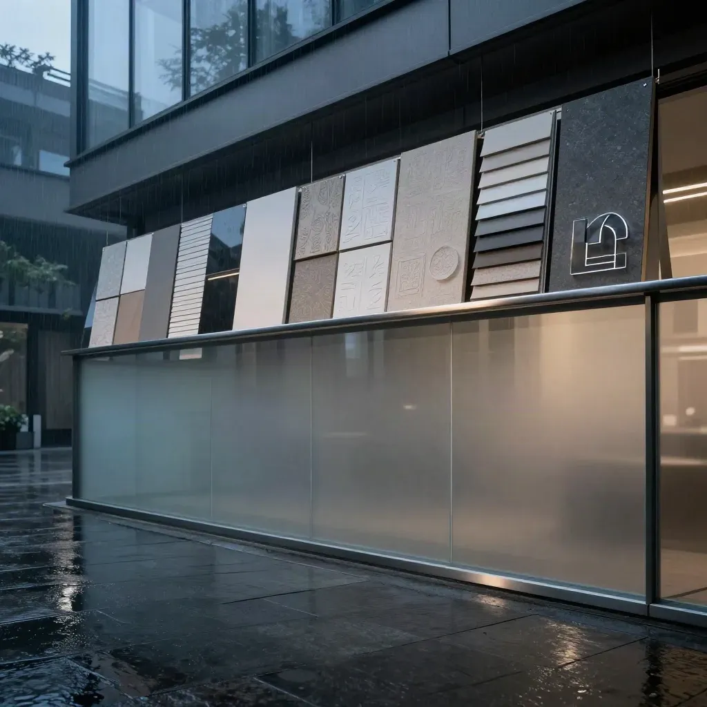 Blue-hour atrium with glass rails, rain-reflective floor, and design materials high in frame