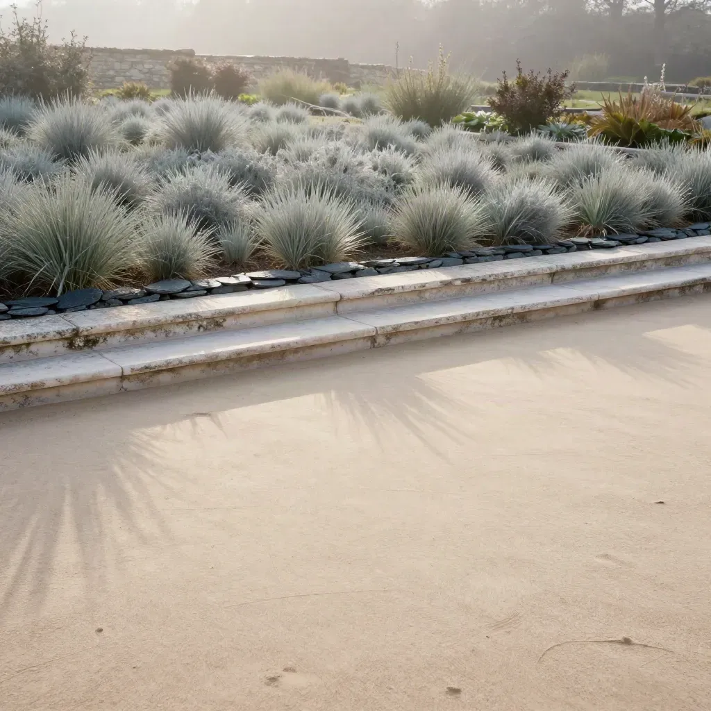 Mist over a chalk garden terrace with pale stone, low grasses, and an open sand-toned foreground.