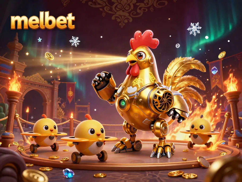 Engage with melbet's exciting 3D casino adventure featuring a golden rooster robot and baby chick drones.