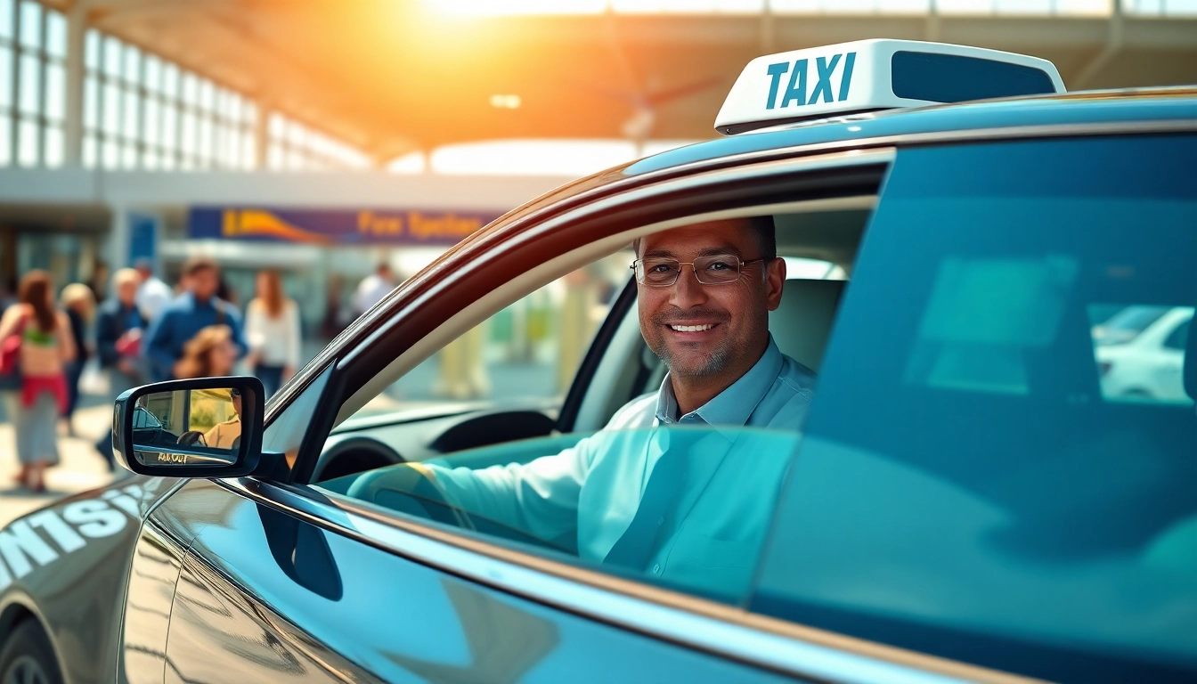 Taxi driver in Hersham welcoming passengers at an airport terminal amidst a vibrant scene.