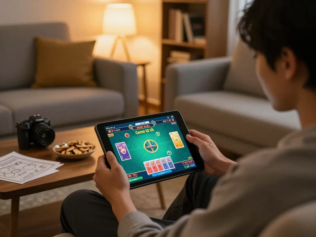 Engaging in Game tài xỉu online on a tablet while enjoying a cozy home environment