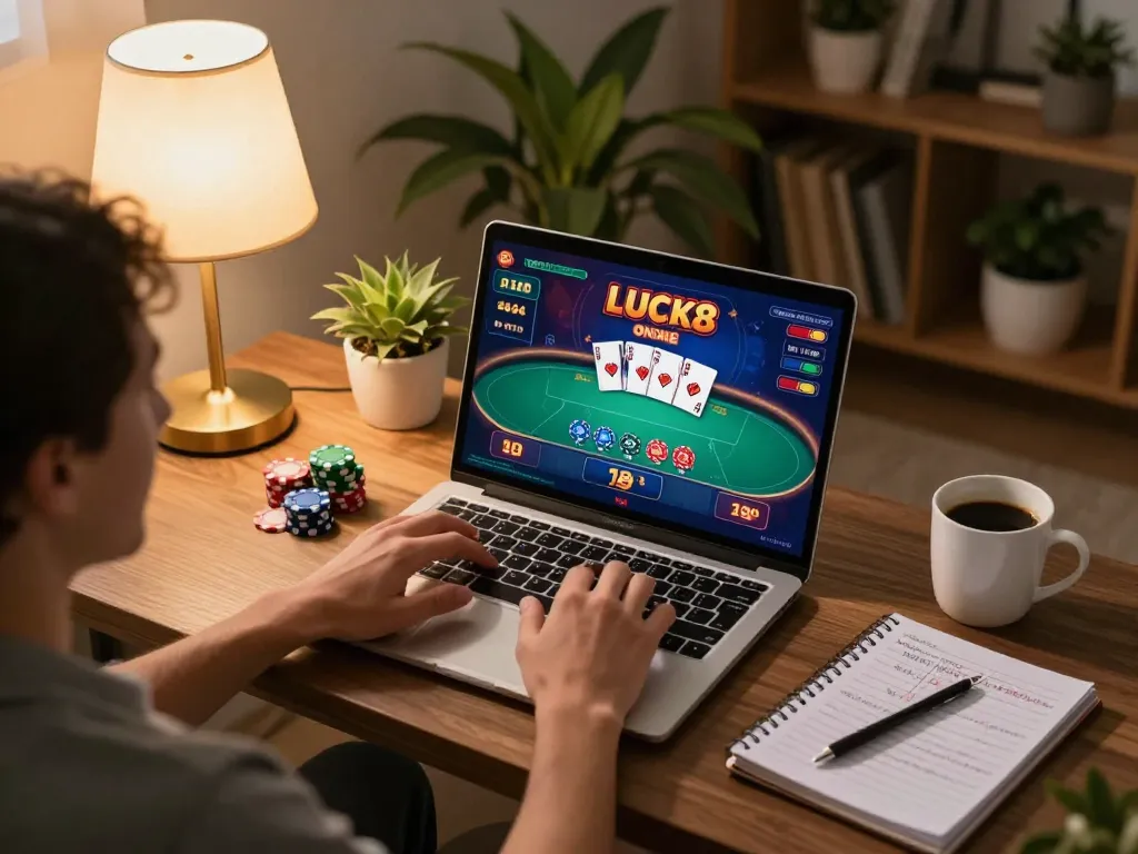 LUCK8 user engaging in online poker gameplay at home with strategic notes surrounding.