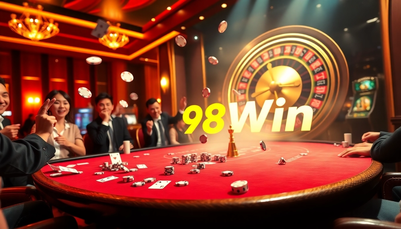 Experience the thrill of 98Win with vibrant casino action, poker chips, and roulette excitement.