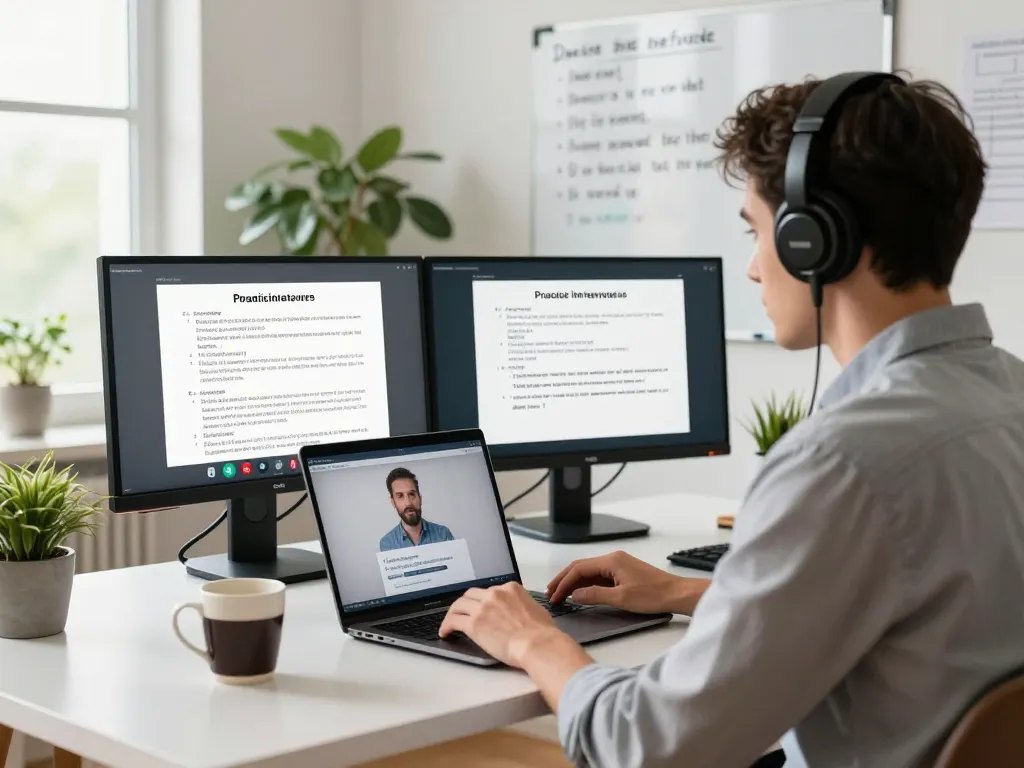 Engaging scene of a user practicing with an AI interview assistant during a virtual interview setup.
