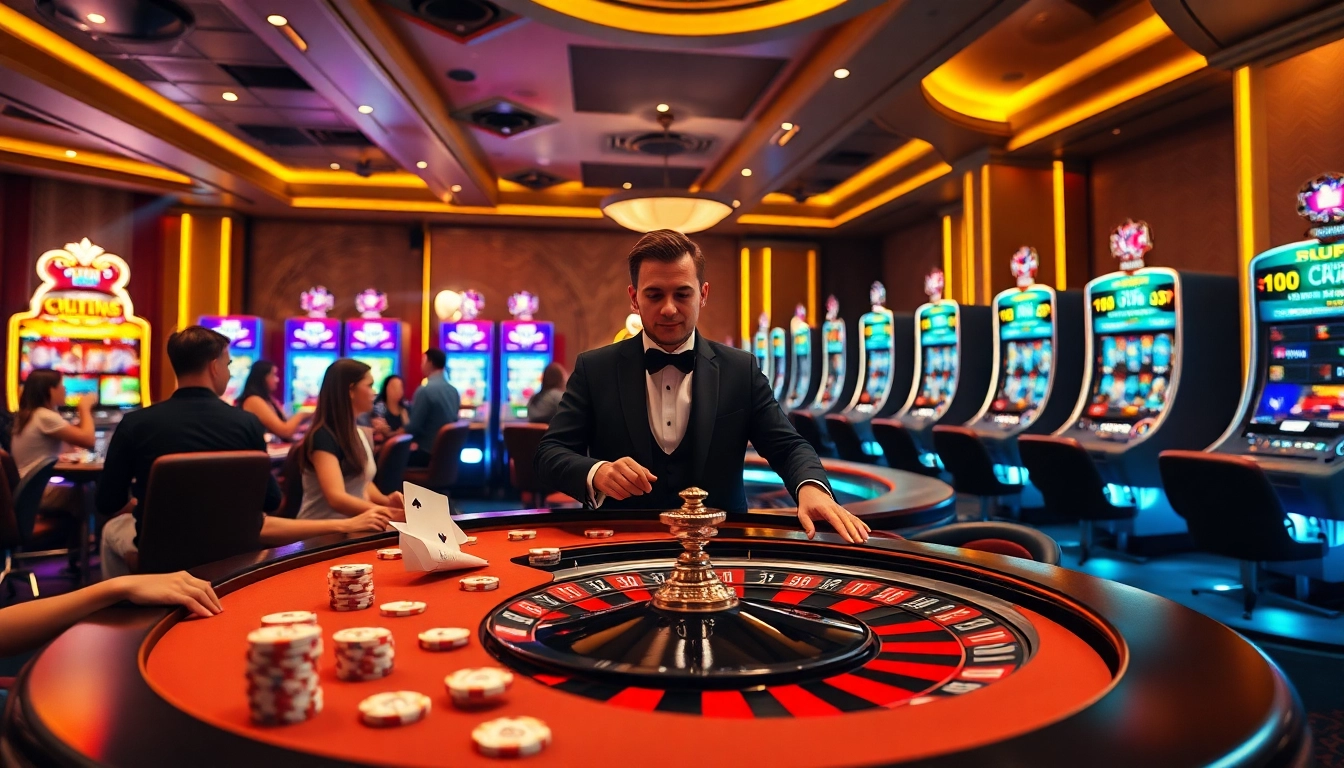 Players engage at a vibrant poker table, showcasing debet betting excitement within a luxurious casino.