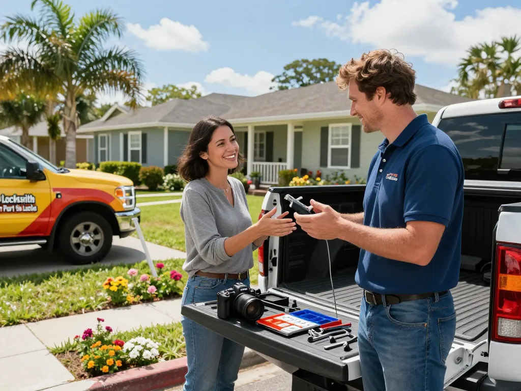 Locksmith in Port St. Lucie assisting a homeowner with lock issues in a friendly suburban setting.