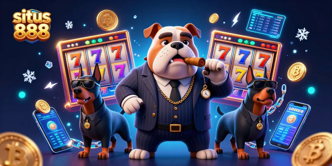 Situs 888 showcases an exciting 3D digital slot game scene with a mafia boss bulldog and Doberman bodyguards.