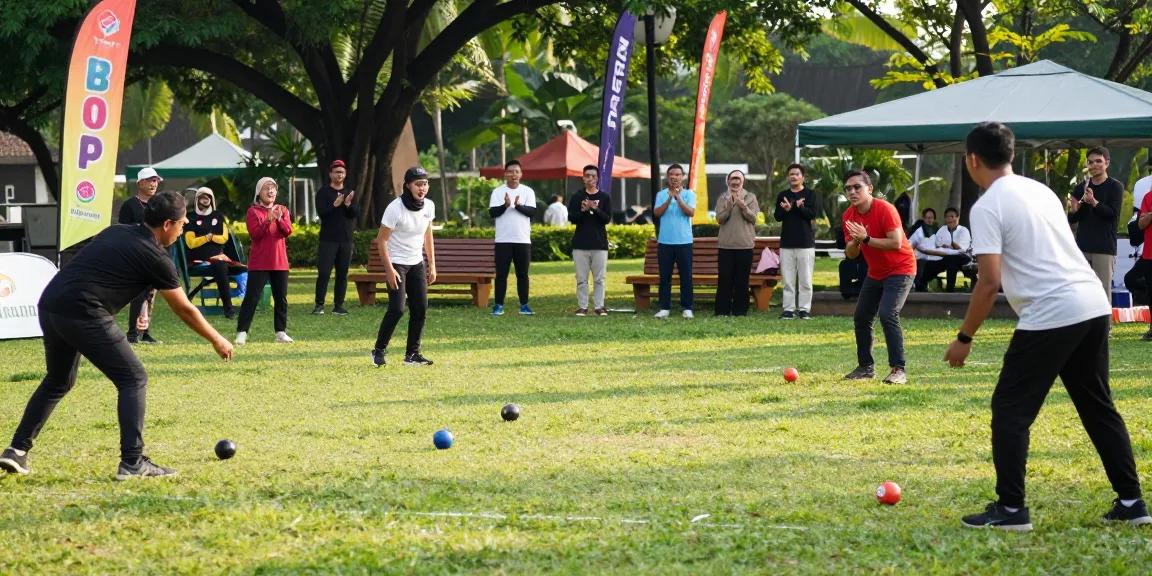 FOPI Kota Banjarbaru petanque players enjoying a sunny match in a vibrant park setting.