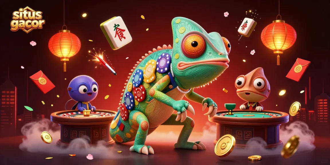 Experience situs gacor action with the vibrant chameleon casino owner in colorful 3D illustration.