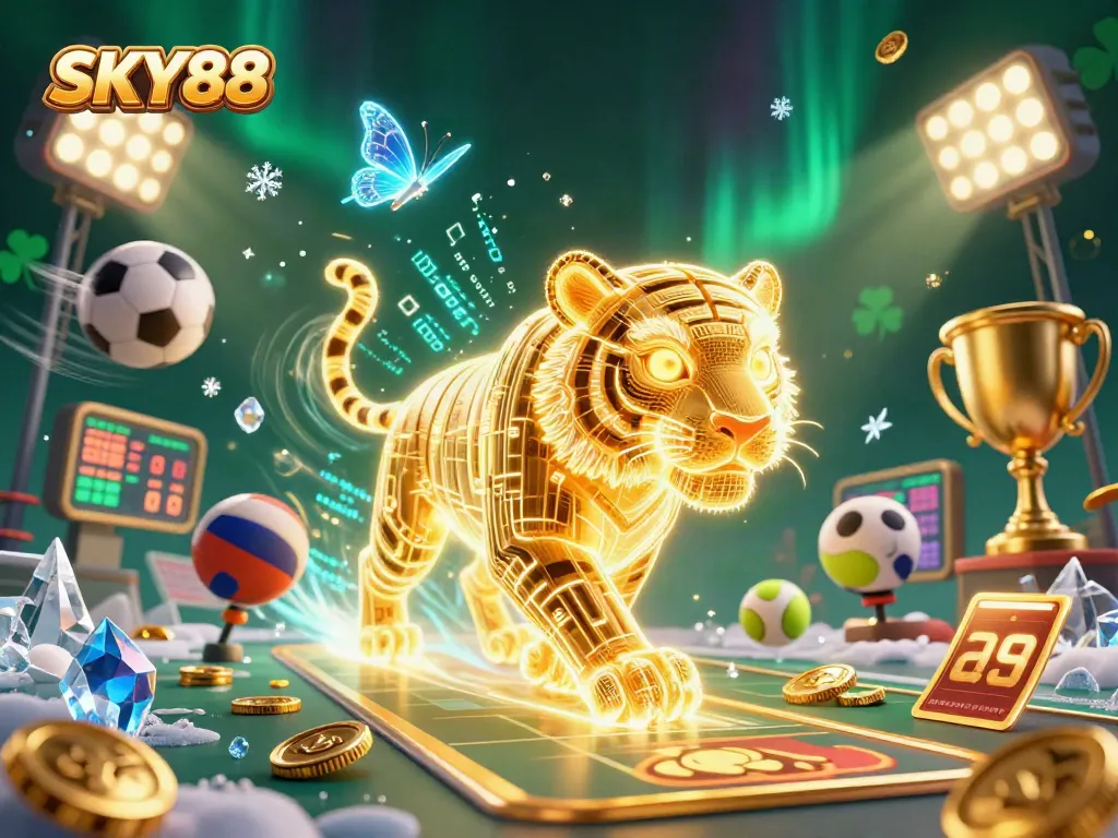 Join the thrilling action at SKY88 as the golden tiger and sports elements celebrate winning opportunities!