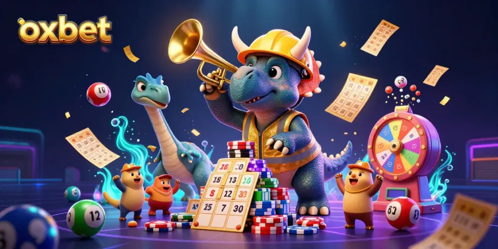 Engage with oxbet's vibrant casino environment filled with colorful lottery elements and celebrating characters.