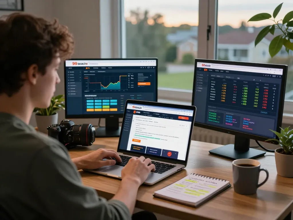 Gambling site research on 99exch trusted site in a cozy home office.