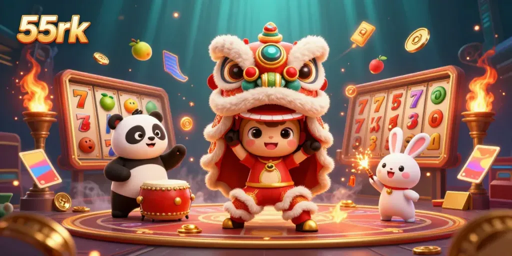 Engage with the dynamic world of 55rk as the lion dance brings luck amidst spinning slot reels and vibrant casino elements.