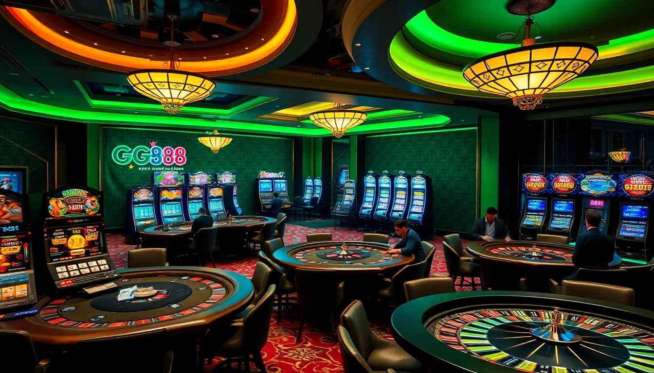 Exciting GG88 gaming scene featuring poker tables, chips, and slot machines.