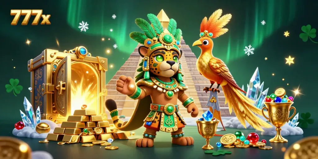 Engage with the exciting world of 777x casino, where vibrant treasure elements surround a mystical Mayan scene.
