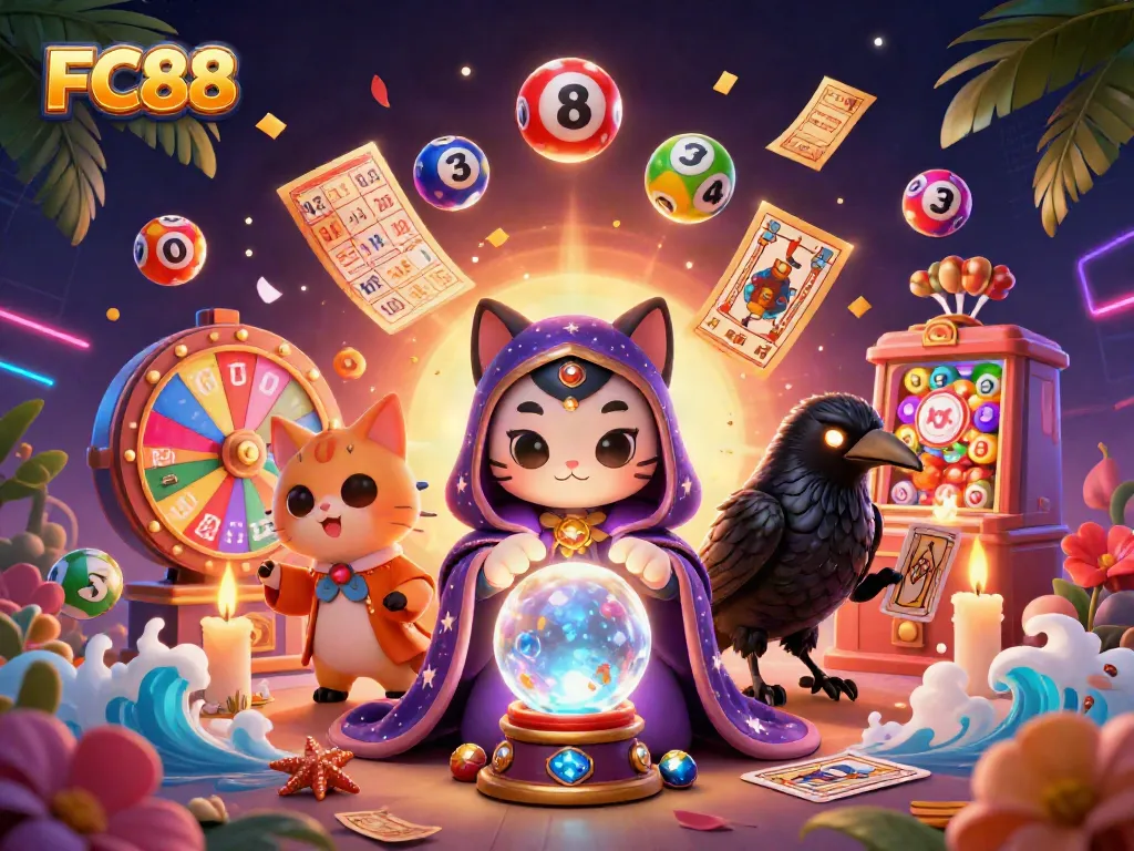 Engage with FC88's thrilling gameplay through a dynamic illustration of a fortune teller and vibrant casino elements.