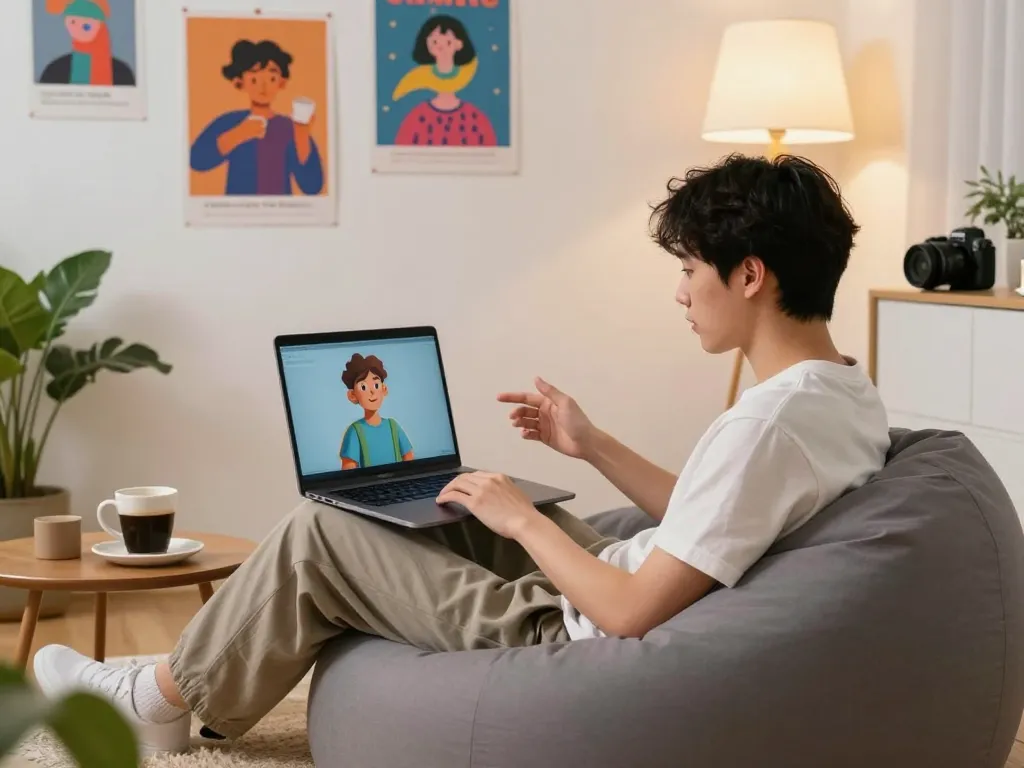 Immersive user experience with nsfw character ai on a sleek laptop in a cozy room.