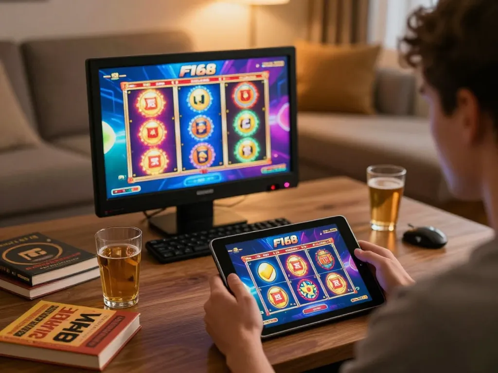 Player engaging with F168 casino games on a tablet in a cozy home setting.