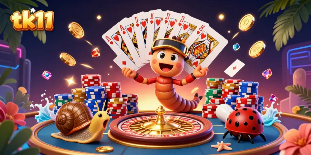 Engage in the vibrant action of tk11 as animated characters deal cards and spin roulette at a lively virtual casino.