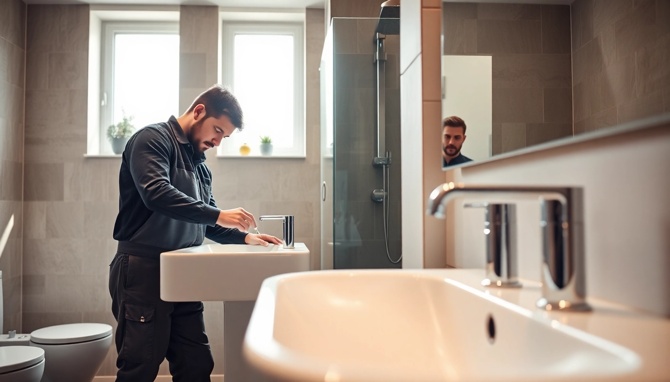 Manchester bathroom fitters expertly installing a sleek sink in a modern bathroom.