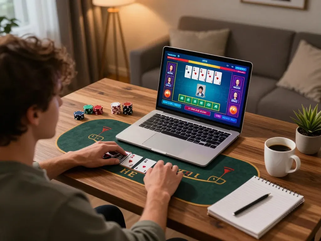 Player engaging in live dealer blackjack game on mn88 in a cozy home office
