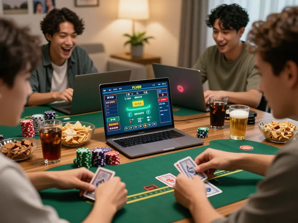 Players enjoying an online blackjack game on FLY88, showcasing excitement and engagement in a cozy home setting.