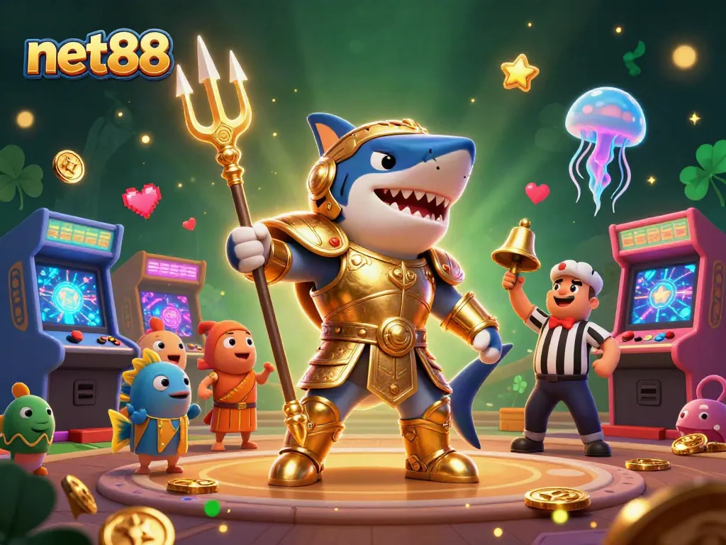 Experience thrilling gaming with net88's underwater battle led by a tiger shark wielding a trident in vibrant detail.