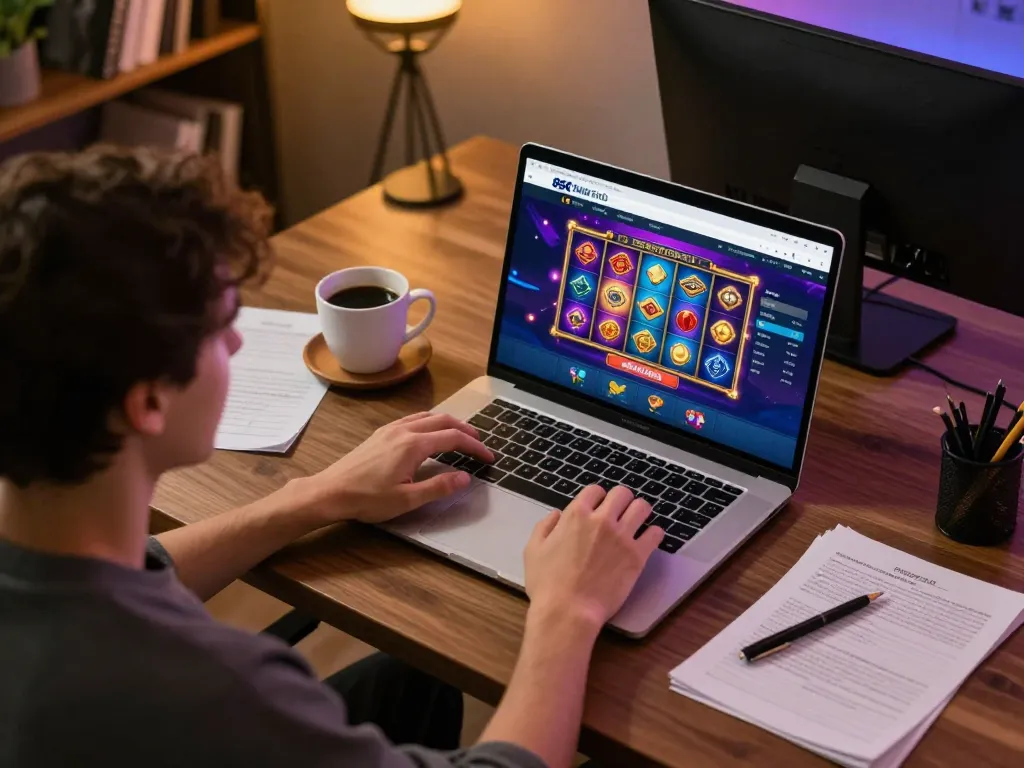 Engaging with TRANG CHỦ 8XBET on a laptop, showcasing online gaming excitement and strategic notes.