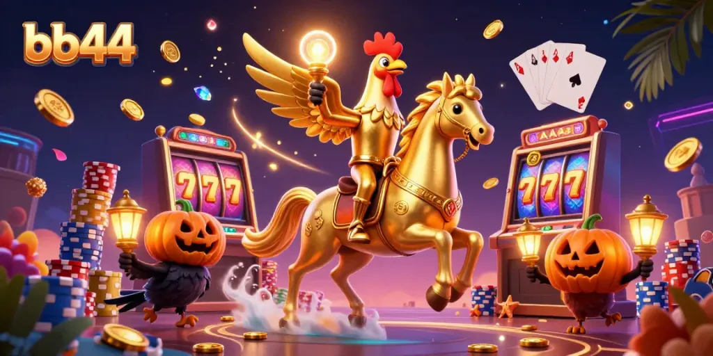 Experience the thrill of bb44 in a dynamic casino scene with golden rooster and crow companions.