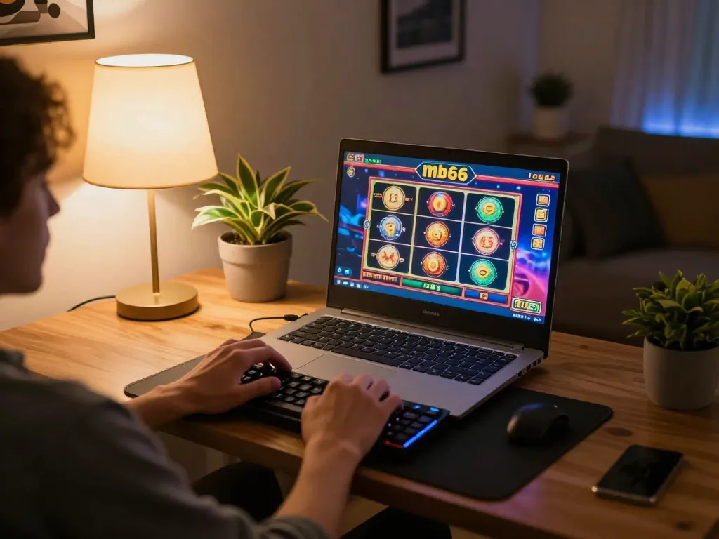 Player engaging with mb66 casino on laptop, showcasing vibrant slot interface in a cozy setting