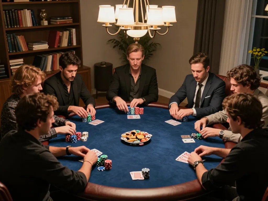 MB66 players enjoying a friendly poker night at home with colorful chips and focused gameplay.