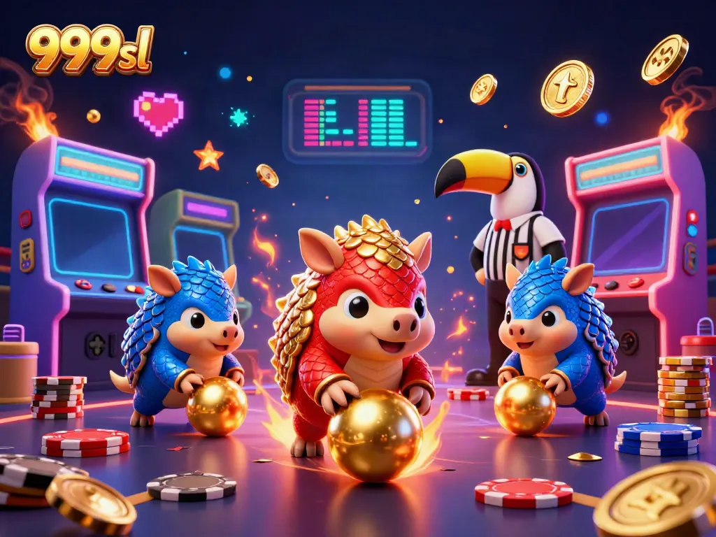 Bowling pangolins interactively competing with colorful casino elements in 999sl's exciting scene.