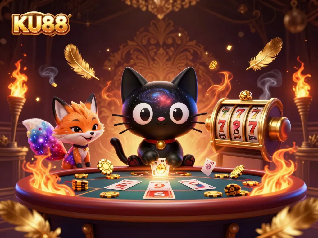 KU88 engages players with a cosmic casino scene, showcasing captivating slot elements and animated characters.