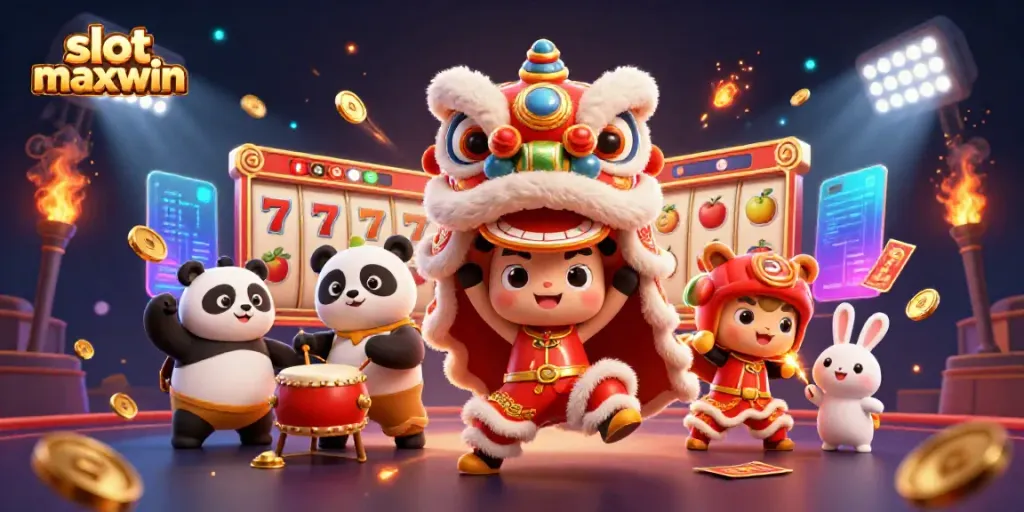 Engage in slot maxwin excitement with a vibrant lion dance and dynamic casino elements.