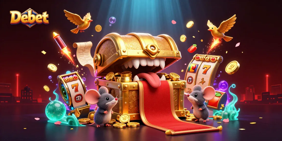Debet offers exciting slot games with a vibrant treasure chest attracting adventurer mice.