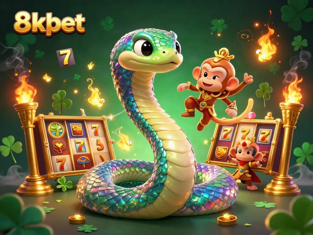 8xbet showcases exciting 3D slot reels and lucky symbols in a vibrant casino scene.