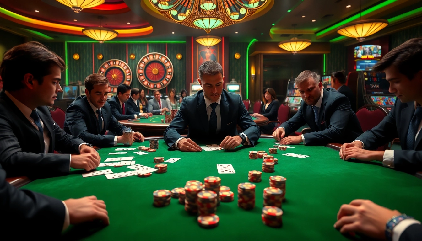 Engaged players at a luxurious poker table find winning strategies at https://lu88vip.net/ in a high-stakes casino.
