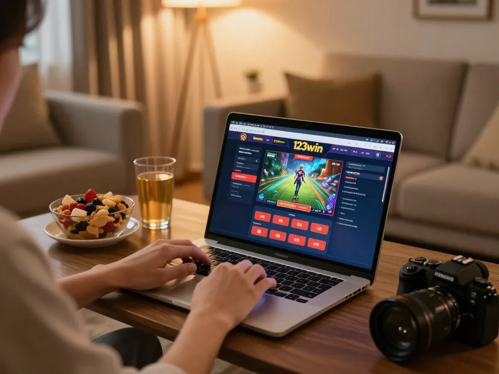 Engaging gameplay on 123win online casino setup in a cozy home environment.