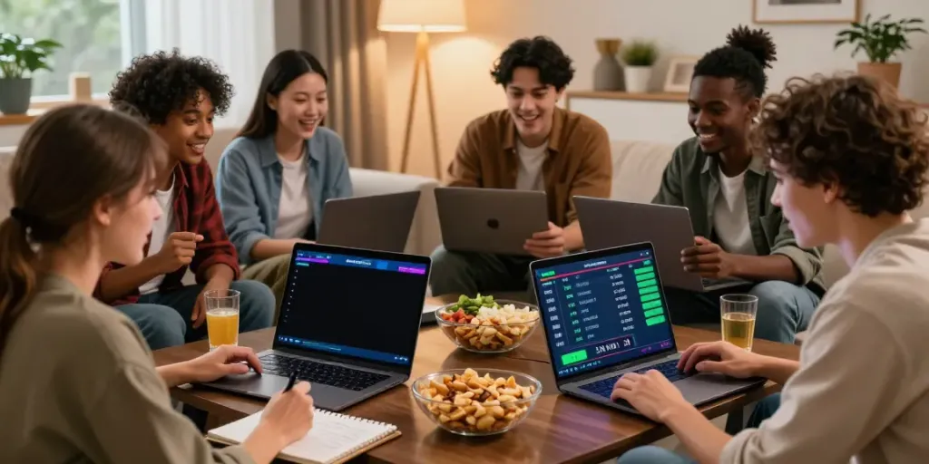 Friends enjoying an online betting session showcasing Link vào 9bet in a cozy living room atmosphere.