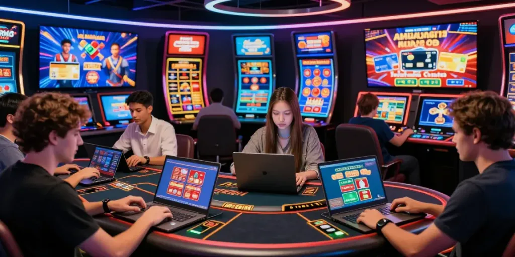 Excited players exploring casinos that take credit cards in a vibrant digital gaming lounge.