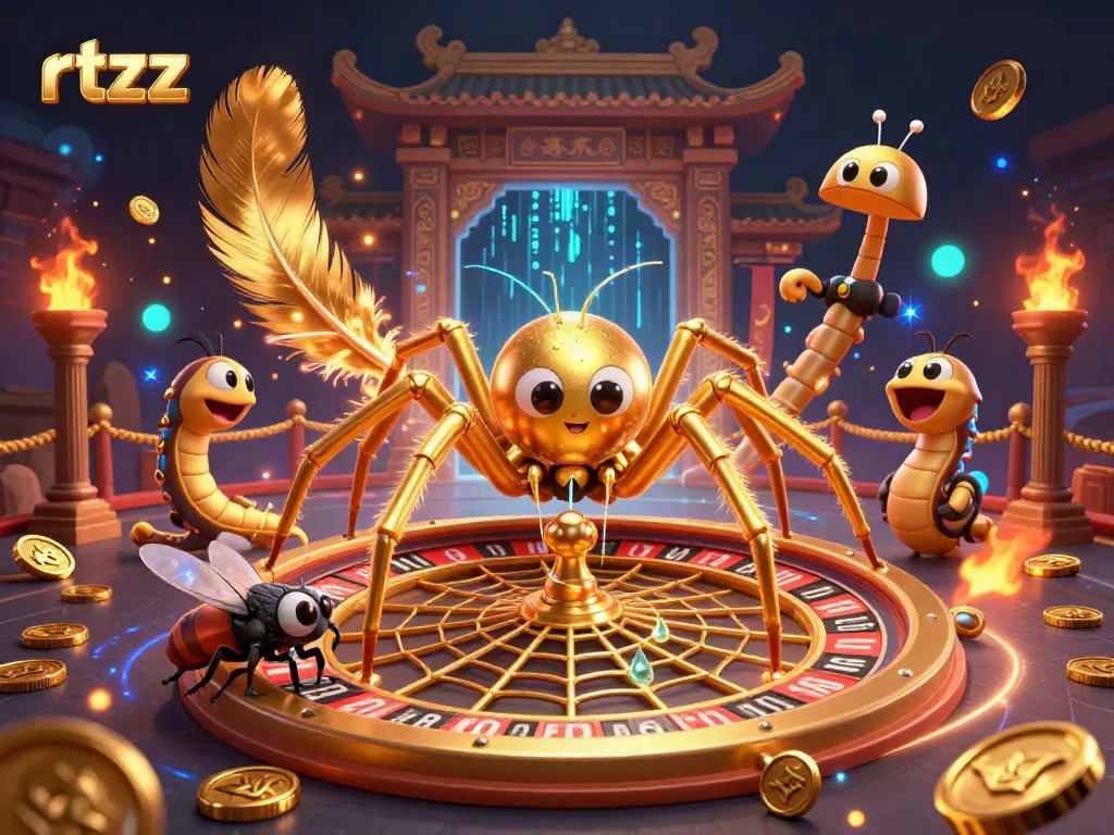 Engage in thrilling bets with rtzz as a golden spider spins a roulette web at an interactive casino.