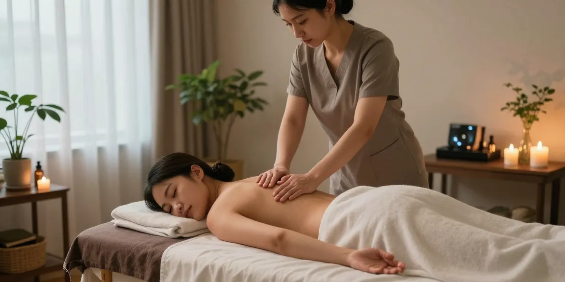 Relaxing scene of 산본출장안마 therapy in a soothing home spa environment with calming candles and essential oils.