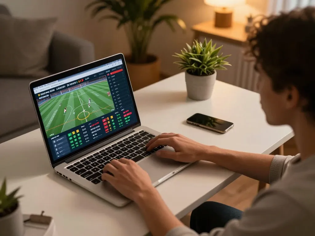 Engaging in sports betting on e2bet with live odds on a stylish laptop.