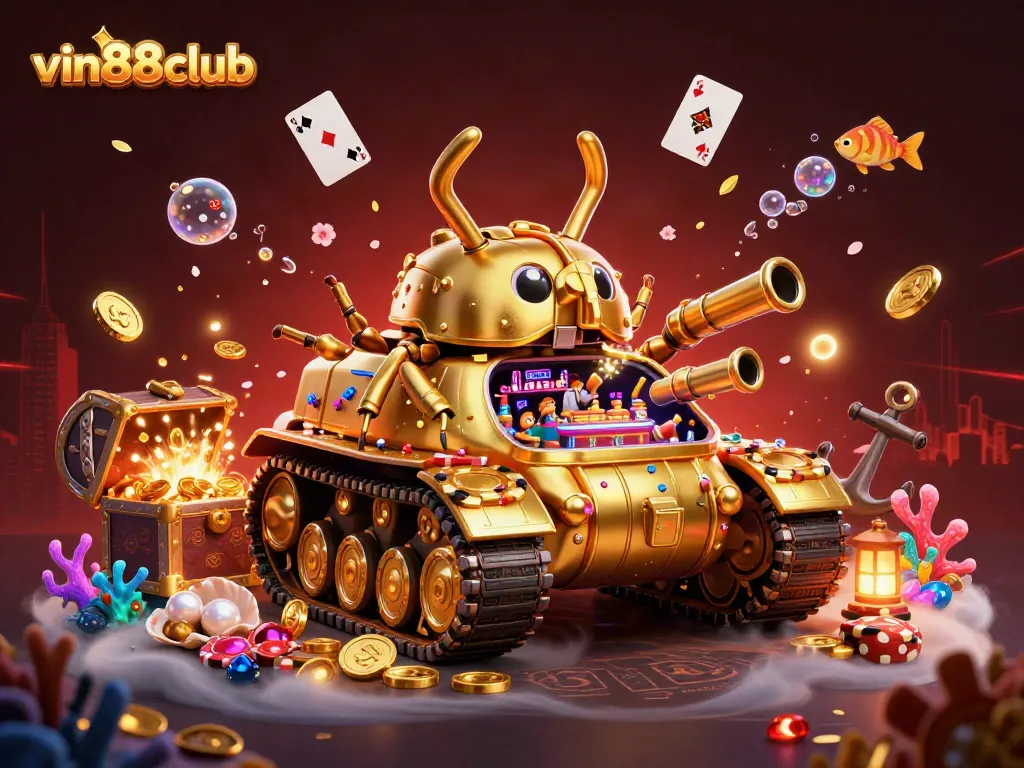 Experience excitement at vin88club with a dynamic casino scene featuring a unique golden beetle tank.