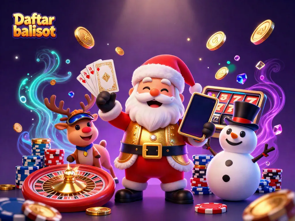 Spin the slots with Daftar balisot, featuring cartoon Santa, reindeer dealer, and chip hat snowman.